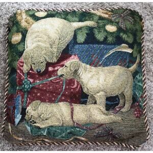 Vintage 90s Tapestry Square Puppies Lab Christmas Pillow Holiday 16x16 Presents